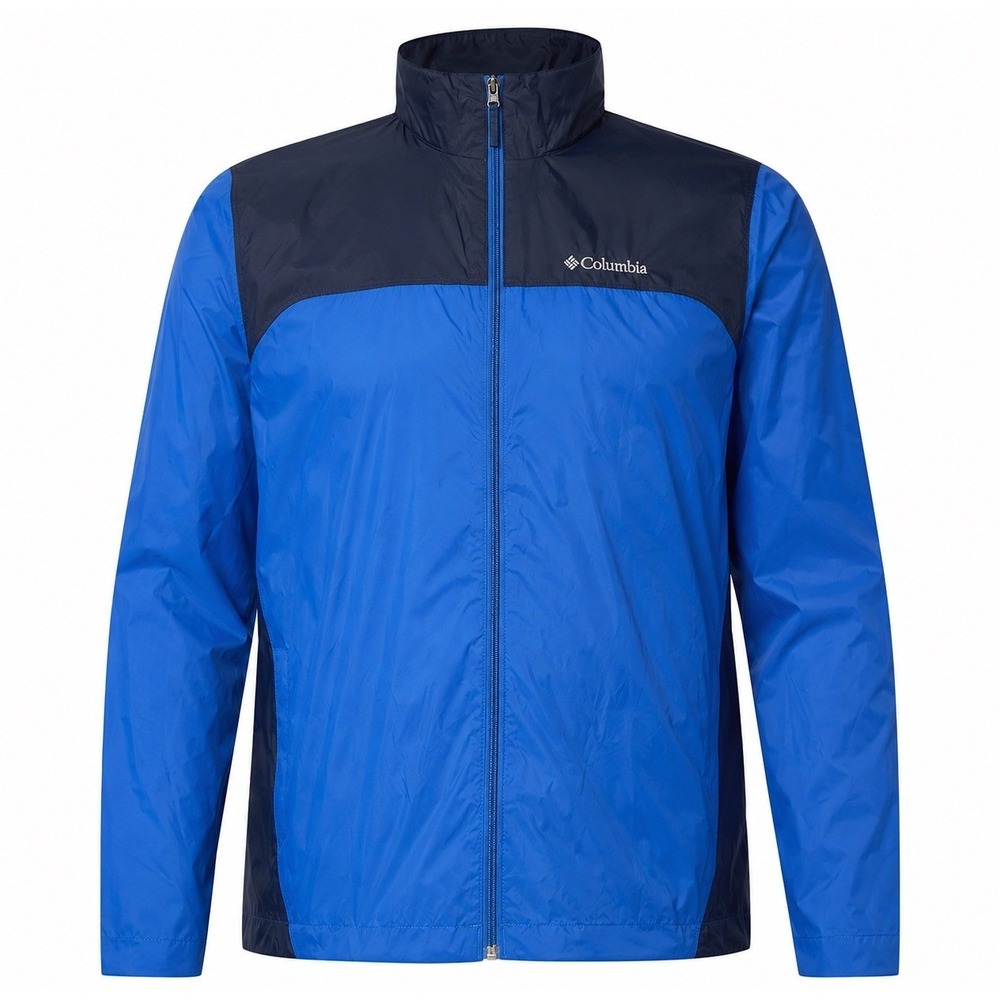 Columbia Men's Medium Blue Black Hooded Packable Windbreaker Rain Jacket